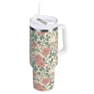 Imagem de SEHANY Copo de caveira e rosas de 1,18 l com alça, copo isolado de aço inoxidável a vácuo de parede dupla, à prova de vazamento, caneca de café isolada para viagem cabe no suporte de copo de carro