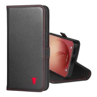 Imagem de TORRO Capa de couro compatível com Samsung Galaxy S26+ Plus 5G 2026 – Capa carteira de couro premium com suporte e compartimentos para cartão (preta com detalhe vermelho)