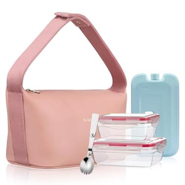 Imagem de Hiheyhigh Lancheira de couro para mulheres, lancheira de ombro para trabalho, lancheira feminina com isolamento macio com 2 recipientes, colher e bolsa de gelo (rosa)