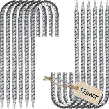 Imagem de Estacas de vergalhão resistentes, pacote com 12 âncoras de aterramento de gancho J de 30 cm com ponta forjada, aço galvanizado a quente de 10 mm de espessura para barracas, trampolins e paisagismo