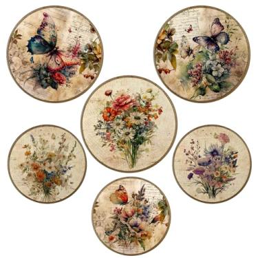 Imagem de Honoson 6 peças de arte de parede emoldurada floral vintage decoração de madeira rústica redonda para quarto boho arte emoldurada de flores antigas para sala de estar quarto cozinha 2 tamanhos 25 x 25