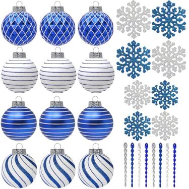 Imagem de SLEETLY Enfeites de bola de Natal branco e azul para decoração de árvore – bolas de plástico inquebráveis, gelos e flocos de neve, conjunto de enfeites de 28 peças