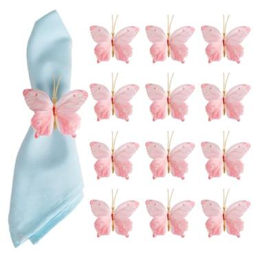 Imagem de Getfitsoo Conjunto de 12 anéis de guardanapo de borboleta rosa feitos à mão, anéis de guardanapo rústicos com fivelas verdes para casamento, aniversário, dia dos namorados, festa de primavera, jantar
