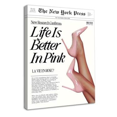 Imagem de Dazzlewall Arte de parede de moda feminismo emoldurado, estilo de jornal vintage Life Is Better In Pink High Heels impressões em tela para decoração de quarto de meninas 30,5 x 40,6 cm