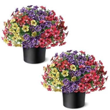 Imagem de Glória artificial da manhã e topiária de eucalipto – Conjunto de 2 vasos de flores de seda sintética, arbustos de glória matinal falsos resistentes a UV para porta da frente, casa de fazenda