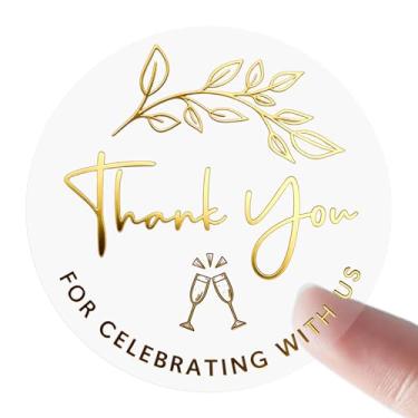 Imagem de 100 peças de adesivos de casamento transparentes de folha dourada – Etiquetas redondas "Thank You for Celebrating with Us" – Etiquetas de selo de casamento de folha transparente para convites
