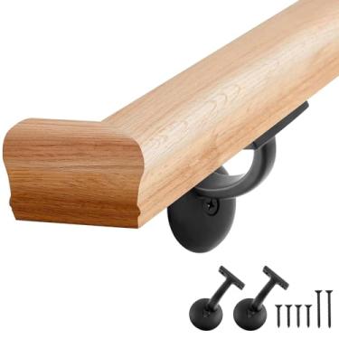 Imagem de Maasechs Kit de corrimão de carvalho vermelho 6010 de 0,9 m com retornos de parede e suportes de montagem na parede, corrimãos de madeira internos, corrimãos incluídos, parafusos para bares, loft de