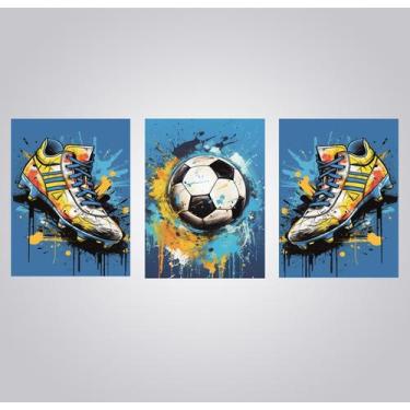 Imagem de Kit 3 Quadros Futebol Bola Chuteira Azul Sala Quarto 28x40cm - CAMALEÃ