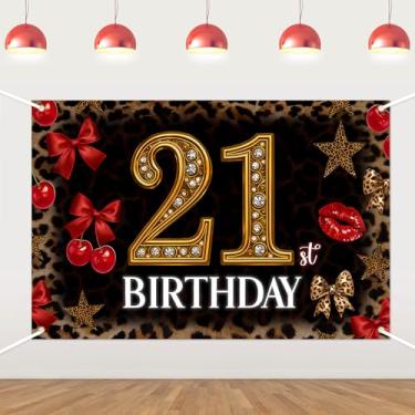 Imagem de Cenário de aniversário de 21 anos com tema de leopardo, decoração de festa de aniversário de chita cereja, fundo fotográfico para meninas selvagens, tema leopardo, artigos de festa de aniversário de
