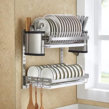 Imagem de Prateleira de drenagem de pratos de aço inoxidável para uso doméstico, altura ajustável, multifuncional, prateleiras de grande capacidade (cor: preto, tamanho: C) (cor de aço inoxidável B)