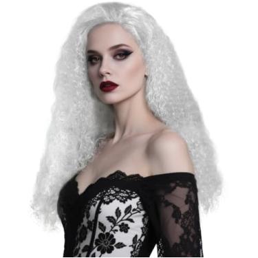 Imagem de UQJE Peruca branca longa encaracolada perucas de bruxa de Halloween anime cosplay perucas loucas peruca de senhora idosa acessórios de fantasia de bruxa