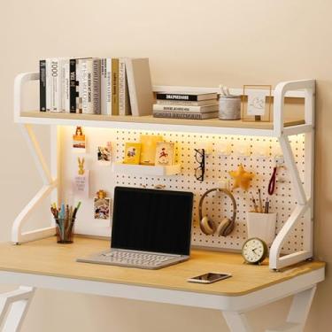 Imagem de Estante de mesa industrial, estante de mesa para mesa de computador com quadro de fixação, rack de armazenamento independente, prateleira de metal multiuso, para dormitório, escritório, casa (bege, 90