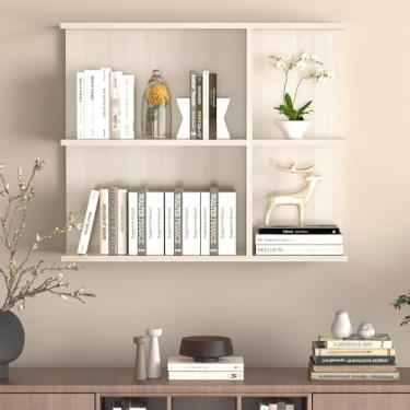 Imagem de Elehome Armário de prateleira aberta de 91 cm para montagem na parede, núcleo de madeira maciça com acabamento em carvalho branco, prateleira flutuante de armazenamento de parede para sala de estar