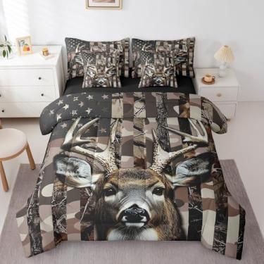 Imagem de Erosebridal Jogo de cama casal de edredom com estampa de veado camuflado, 7 peças, bandeira americana, alce, edredom e fronhas