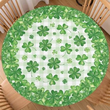 Imagem de Toalha de mesa redonda de trevo de São Patrício com elástico verde trevo xadrez toalha de mesa temática rústica decorativa lavável capa de mesa para festa piquenique casa cozinha para mesa de 102 a