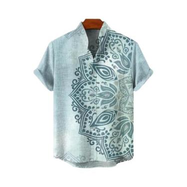 Imagem de Camisa Masculina Vintage De Linho Com Manga Curta E Estampa De Mandala