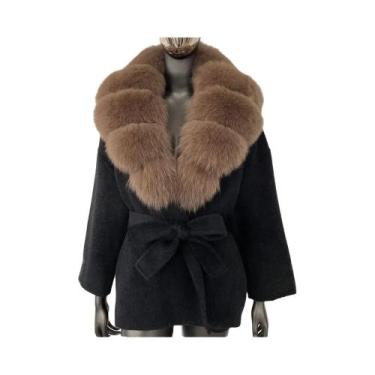 Imagem de Casaco Feminino De Pele De Guaxinim E Raposa Genuína, Mistura De Lã, I