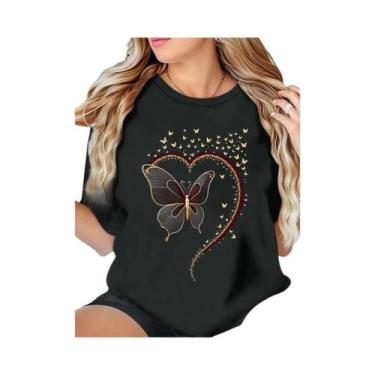 Imagem de Camiseta plus Size Branca Com Estampa De Borboleta E Coração, Gola Red