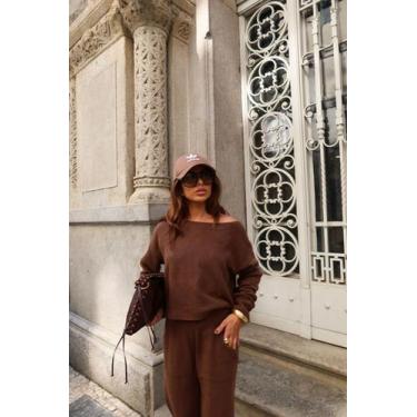 Imagem de Conjunto Feminino Blusa Ombro Caído e Calça Wide Leg Tricot - Calu Tri