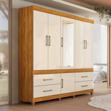 Imagem de Guarda Roupa Roupeiro Guarujá 6 Portas com Espelho 4 Gavetas Cinamon Touch Off White Demóbile