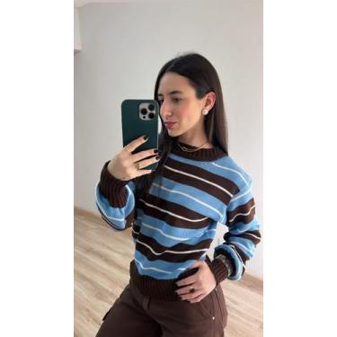 Imagem de Blusa Feminina Básica Listrada Tricot Inverno Cor:Azul Claro/MarromTam