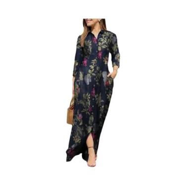 Imagem de Vestido Camisa Feminino Com Estampa Floral, Manga Longa, Botões, Gola 