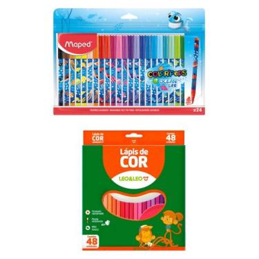Imagem de Canetinha 24 Cores Maped + Lapis De Cor 48 Cores Kit Material Escolar 