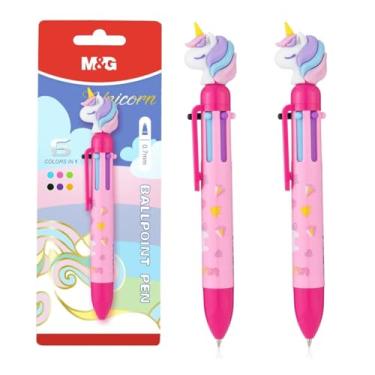 Imagem de M&G Canetas multicoloridas, 6 em 1, canetas esferográficas coloridas de 0,7 mm, escrita suave para trabalho, escola e escritório, design de unicórnio fofo para presentes de Natal, 2 peças