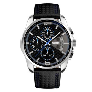 Imagem de MASTOP Relógios masculinos clássicos analógicos de quartzo com pulseira de couro preto com cronógrafo, à prova d'água, relógio de pulso esportivo, Azul, Moderno, moderno, moderno