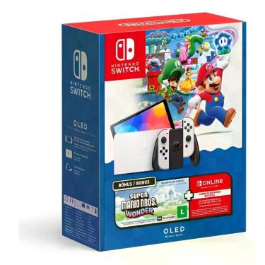 Imagem de Console de Videogame Switch OLED 64GB HBG-S-KAASC Nintendo Jogo Super Mario Bros Wonder Digital 12 Meses Online Branco