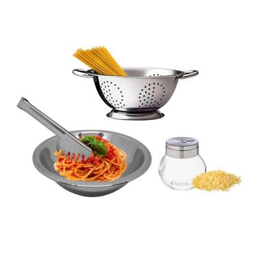 Imagem de Conjunto para Massas Aço Inox Prime 4 Peças Escorredor Macarrão, Bowl, Pegador e Queijeira - Mundial Import