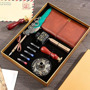 Imagem de HIOD Pen Pen Pen Retro Caligrafia Pen Set with Ink Bag Ink Extraction Tube Pen Pen Notebook Fire Paint Seal Stationery Gift Box, Lake Blue