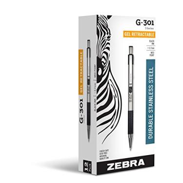 Imagem de Zebra Pen G-301 Caneta de tinta de gel retrátil, barril de aço inoxidável, ponta média, 0,7 mm, tinta preta, pacote com 12