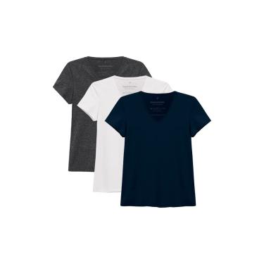 Imagem de Kit 3 Camisetas Babylook Básica, basicamente., Feminino, Branco Mescla Escuro Azul Marinho, XGG