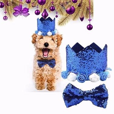 Imagem de Chapéu de aniversário de cachorro com coroa de aniversário para cachorro gato coroa de aniversário conjunto de gravata borboleta conjunto de gravata borboleta elegante festa de aniversário, chapéu de coroa de cachorro ajustável e coleira de gravata borboleta fofa com faixa elástica (safira)