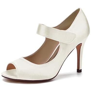 Imagem de Sapatos de noiva de cetim feminino, sapatos peep toe de salto agulha alto marfim 35-43,Ivory,3 UK/36 EU