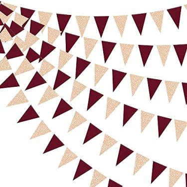 Imagem de Banner vermelho bordô de 1,20 m com estampa de papel de glitter de dupla face com bandeira triangular dourada de champanhe para casamento, noivado, aniversário de casamento, chá de panela, aniversário, despedida de solteira, decorações de festa
