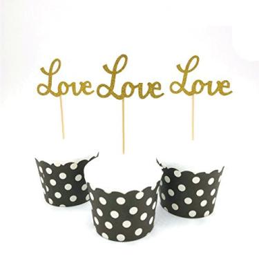 Imagem de Hemarty 24 peças de topo de cupcake dourado amor decoração dia dos namorados decoração de festa de casamento aniversário