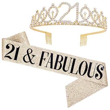 Imagem de Conjunto de tiara "21 & Fabulous" faixa e strass - faixa de aniversário de 21 anos para mulheres brindes de festa de aniversário (preto/dourado)