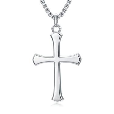 Imagem de Colar Crucifixo Cruzado Masculino de Prata Esterlina, Cordão Masculino de Aço Inoxidável de 55,88 cm + 5,08 cm para Presente, Sem Pedras Preciosas