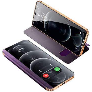 Imagem de CYSUE Capa com função stent para Apple iPhone 12 Mini (2020) 5,4 polegadas, janela de visualização clara fólio capa de telefone de couro à prova de choque (cor: roxo)