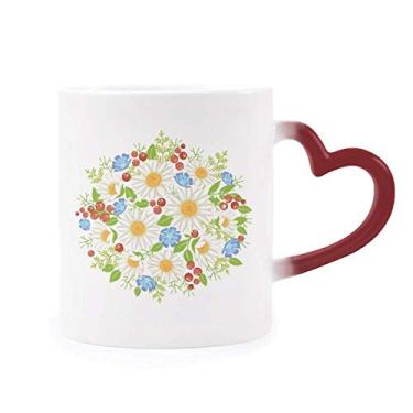 Imagem de Caneca branca de crisântemo com folhas de frutas e flores sensíveis ao calor, copo de grés que muda de cor vermelha