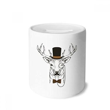 Imagem de DIYthinker Chapéu de cervo de barba suave estilo britânico gravata borboleta caixa de dinheiro caixa de cerâmica porta-moedas presente de cofrinho