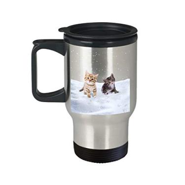 Imagem de Caneca de viagem para gatos com queda de neve – Presente para amantes de gatos – Copo isolado com café de cacau quente divertido – Ideia de