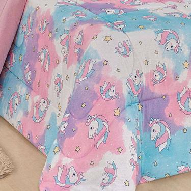 Imagem de Edredom Fantasy Unicórnio Solteiro Infantil Tecido Malha 100% Algodão Macio Antialérgico - Rosa