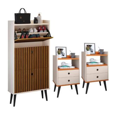 Imagem de Kit Sapateira Vertical 3 Gavetas Basculantes Dark Off White/Ripado e 2 Mesinhas Canto Quarto Nicho Decorativo Dream Off White/Cinamomo RPM