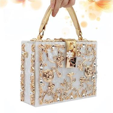 Imagem de Bolsa de Noite Fashion Box com Flor de , Bolsa de Mão de Acrílico Luxuosa Bolsa de Mão para Banquete de Festa Feminina (Branca), Branco, M