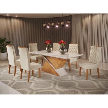 Imagem de Conjunto Sala de Jantar Mesa Epic Tampo Vidro/MDF com 6 Cadeiras Iza Viero Mel/Bege/Off White