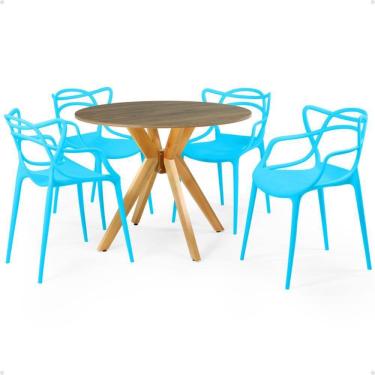 Imagem de Conjunto Mesa de Jantar Redonda Marci Natural 100cm com 4 Cadeiras Allegra - Azul