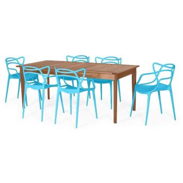 Imagem de Conjunto Mesa de Jantar Retangular em Madeira Maciça 186cm com 6 Cadeiras Allegra - Azul
